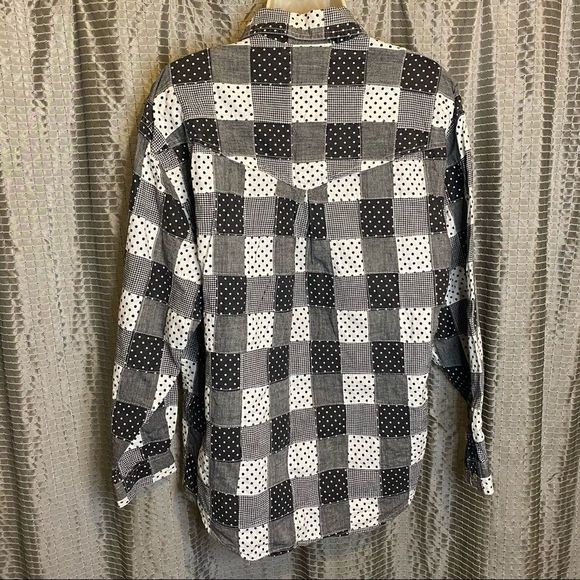 Vintage Liz Claiborne LizWear Black/Gray/White Patchwork Snap Button Shirt - Med - Picture 2 of 5